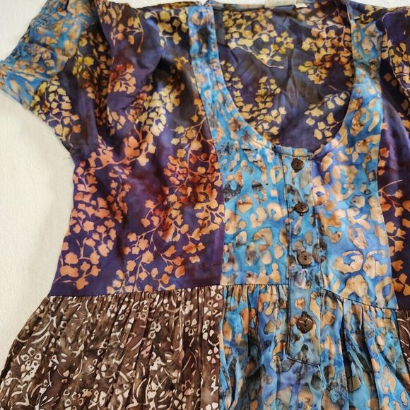 Boho Patchwork Tunic Dress Size M Blue Brown Floral Lagenlook Artsy - Picture 4 of 9